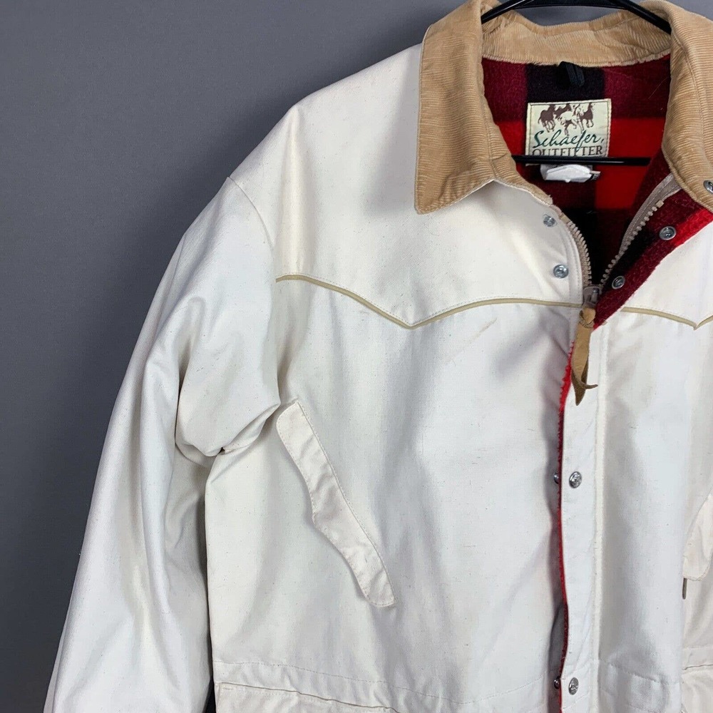 Vintage Schaefer Outfitter Khaki Navajo Made WY Canvas Blanket Lined Coat XL - Picture 2 of 8